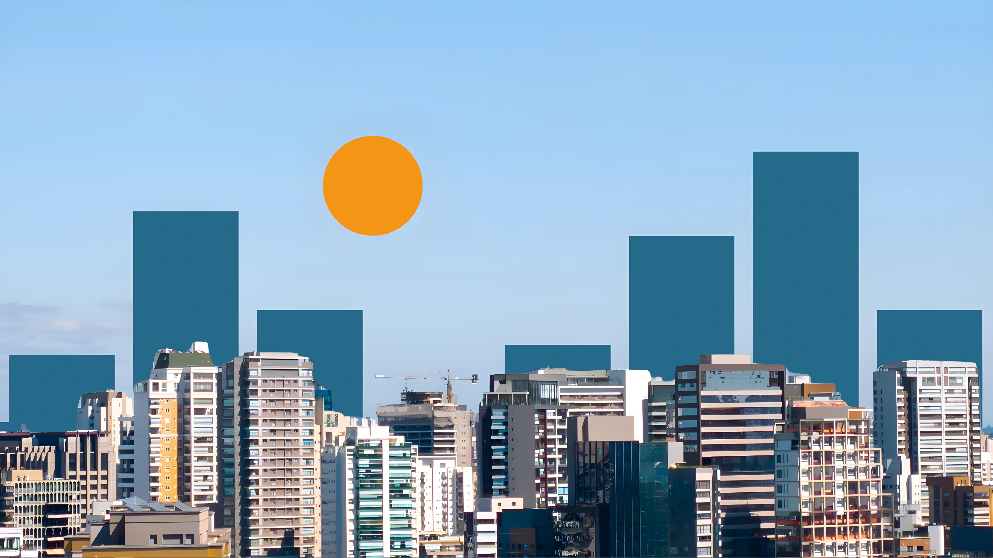 Vista urbana de São Paulo sob um céu azul, reinterpretada com formas da identidade Lupa Social